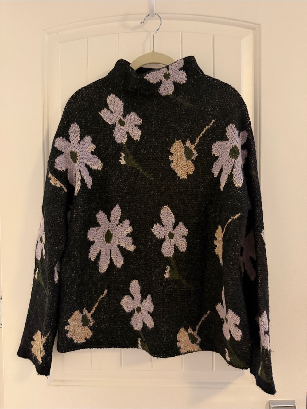 Black Floral Mock Neck Sweater with Lavender Blooms